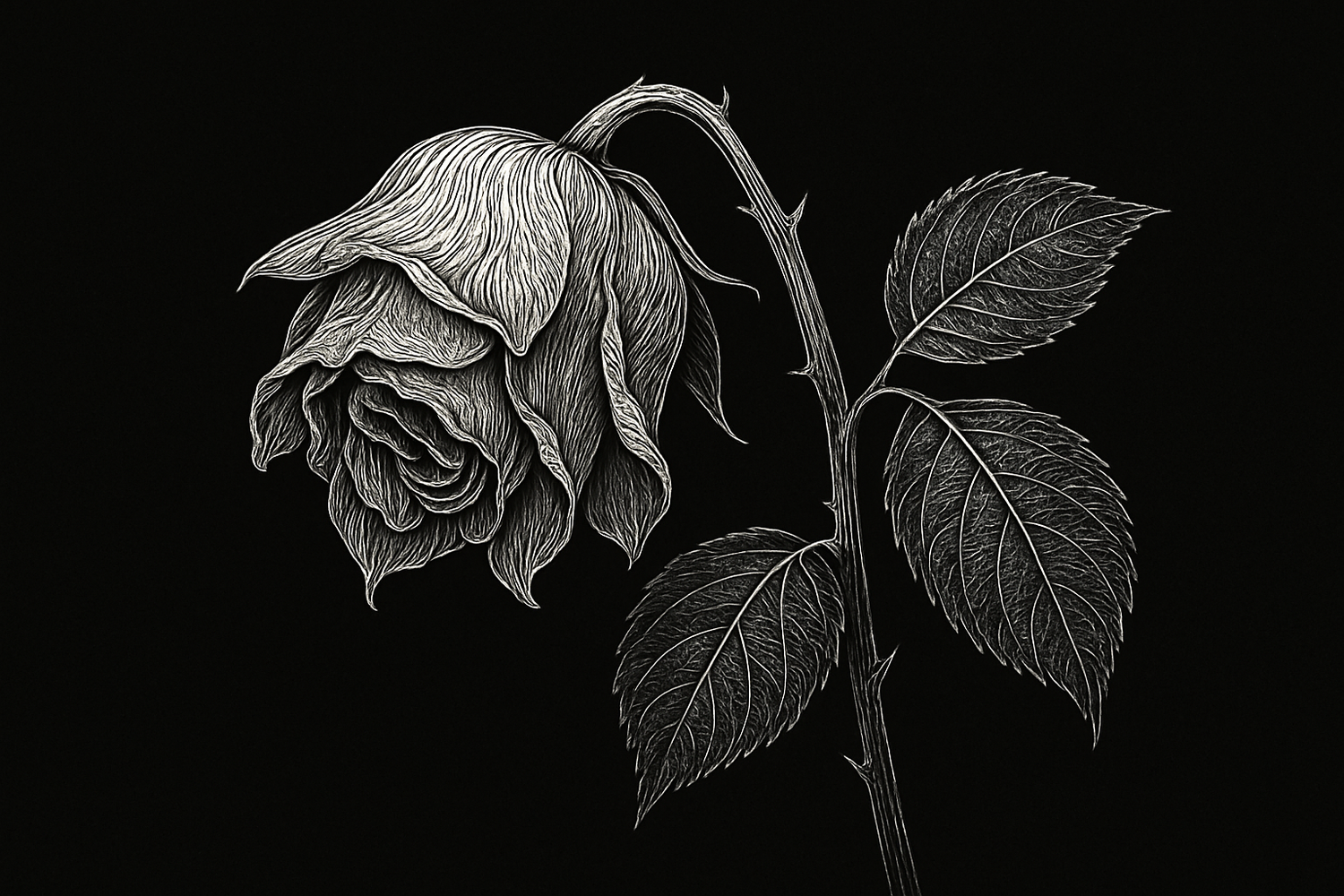 A beautiful white lined illustrated full rose that's wilted (sad looking) with a full black background.